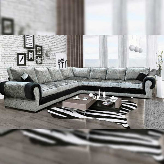 Black and Silver Crushed Velvet 7 Seater Corner Sofa