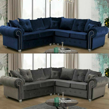 Blue & Grey Plush Fabric Corner Sofa