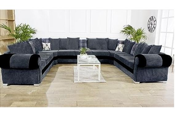 Large Grey U Shape Jumbo Cord Corner Sofa