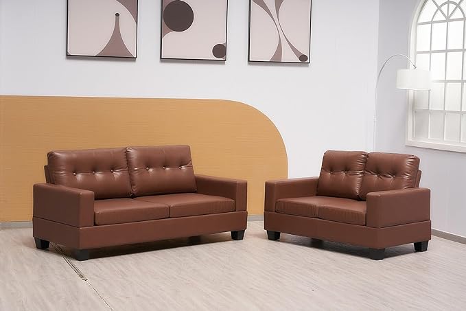 CUBE Brown Bonded Leather 3+2 Seater Sofa