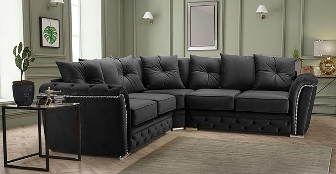 Luxury Chesterfield Black Plush Fabric Sofa
